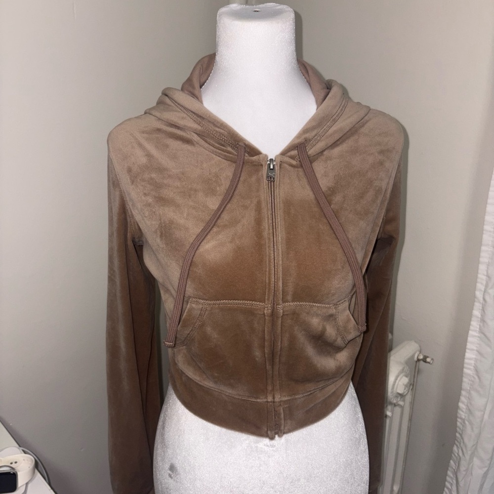 Hollister Women's Cropped Velvet Zip Hoodie - Taupe